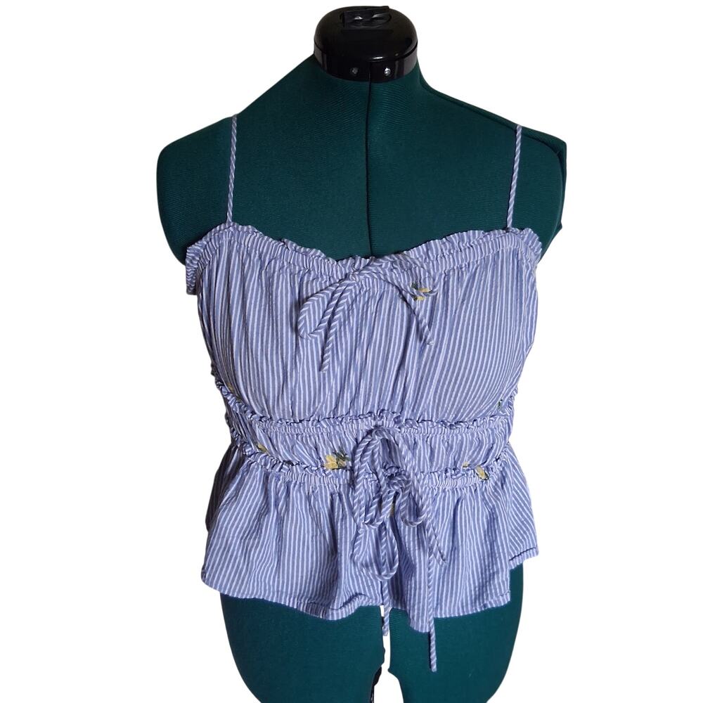 Free Assembly L Blue Stripe Lemon Embroidered Peplum Cami